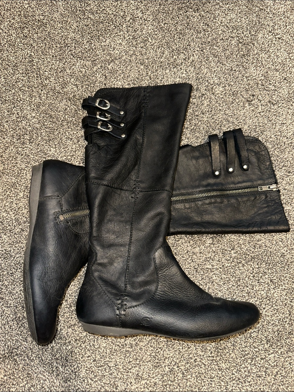 Born Black Leather Knee-High Boots with Buckle Straps